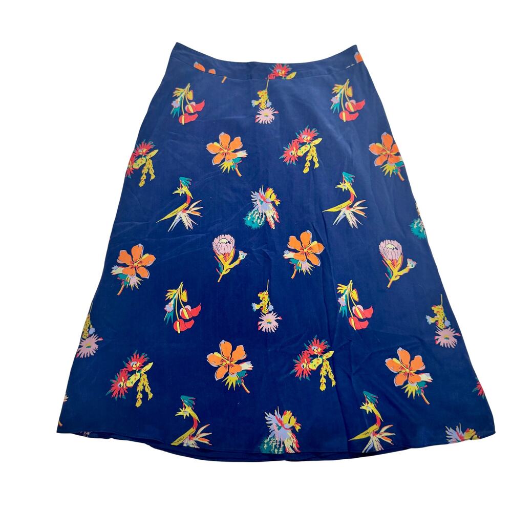 Madewell Silk Midi Skirt Women's 10 Navy Botanical Resort Euro Vacation Cruise - Picture 3 of 16